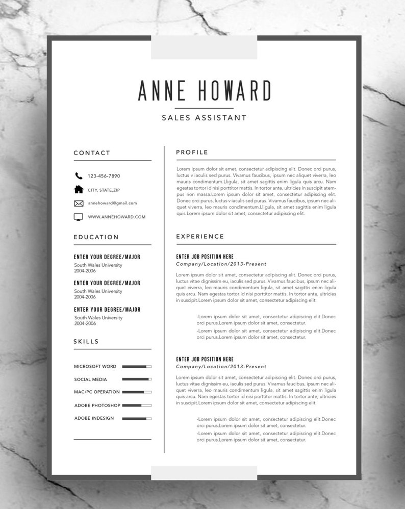 May include: A black and white resume template with the name Anne Howard and the title Sales Assistant. The resume includes contact information, education, skills, and experience.