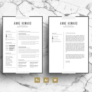 May include: A black and white resume template with the name Anne Howard and the title Sales Assistant. The resume includes contact information, work experience, languages, and expertise.