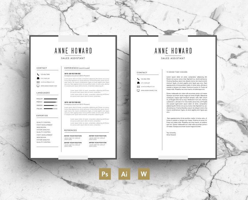 May include: A black and white resume template with the name Anne Howard and the title Sales Assistant. The resume includes contact information, work experience, languages, and expertise.