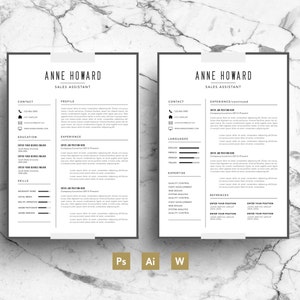 May include: A black and white resume template with the name Anne Howard and the title Sales Assistant. The resume includes sections for contact information, education, experience, skills, languages, expertise, and references.