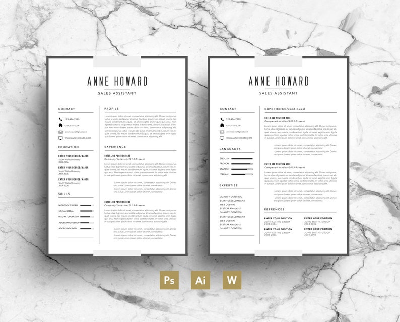 May include: A black and white resume template with the name Anne Howard and the title Sales Assistant. The resume includes sections for contact information, education, experience, skills, languages, expertise, and references.