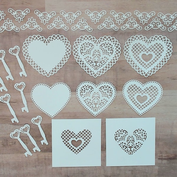 Spellbinders Lace Hearts, Keys,Accent Pieces,Set of 32 Items,Samantha Walker,Die Cut Hearts,Intricate Lace Hearts,Delicate Hearts,Valentines