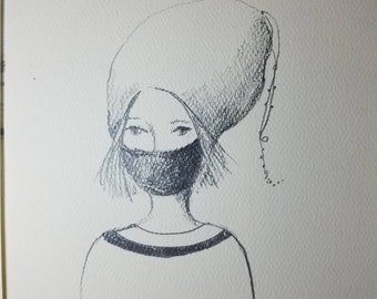 Black and white original pencil drawing on paper of a young woman with expressive eyes wearing mask and a large strange hat. Unique artwork.