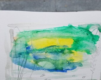 Semi-abstraktes Aquarell auf Papier. Am See ist der Titel dieses Kunststücks. Neben Aquarell habe ich Bleistift und Acryl verwendet.