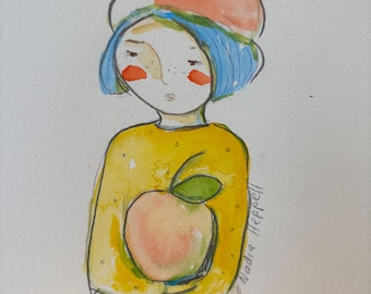 Una linda niña con una manzana, pequeña pintura en acuarela. Tarjeta única con sobre. Obra de arte original. Dibujo único y caprichoso sobre papel.