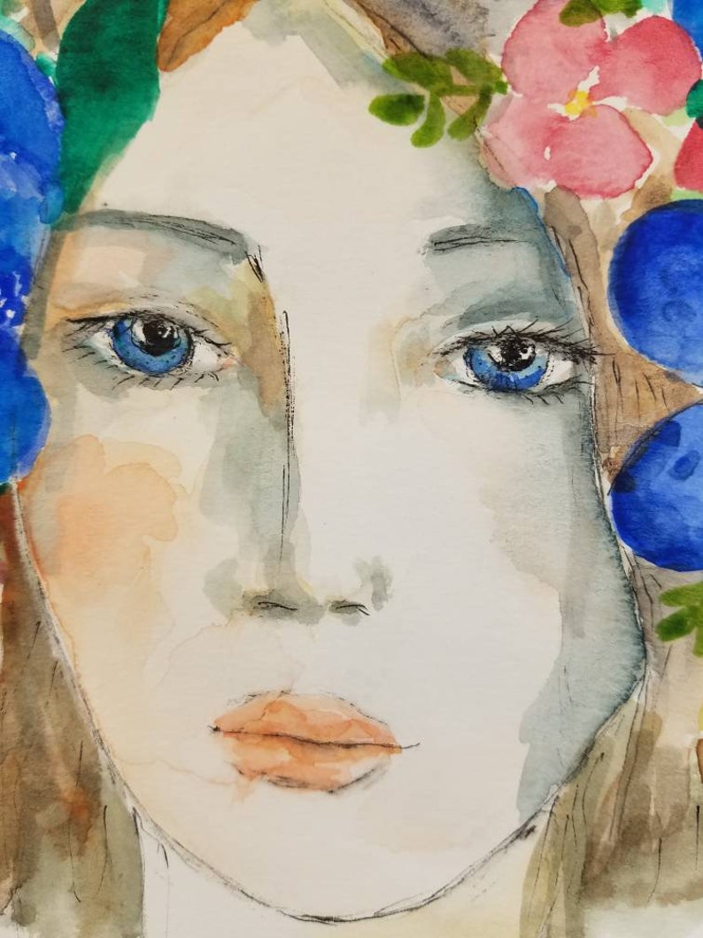 Wunderschöne junge Frau mit den Blumen in ihrem Haarportrait, Aquarell und Tintenstift auf Papier. Ein Einzelstück ungerahmt original Kunstwerk. Bild 6