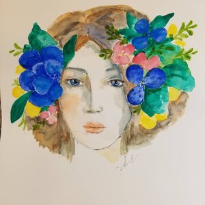 Wunderschöne junge Frau mit den Blumen in ihrem Haarportrait, Aquarell und Tintenstift auf Papier. Ein Einzelstück ungerahmt original Kunstwerk. Bild 7