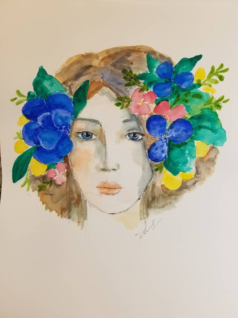 Wunderschöne junge Frau mit den Blumen in ihrem Haarportrait, Aquarell und Tintenstift auf Papier. Ein Einzelstück ungerahmt original Kunstwerk. Bild 7