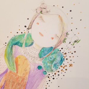 Girl, cat, fish original, unframed drawing on paper. The title is Inseparable. Pen, colored pencils, watercolors, acrylic. Friendship art.