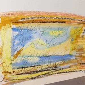 Piccolo riassunto su carta. Il titolo è Appunti da un viaggio nel sud-ovest. È pittura a tecnica mista. Ho usato acquerello, matita, pastello