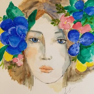 Wunderschöne junge Frau mit den Blumen in ihrem Haarportrait, Aquarell und Tintenstift auf Papier. Ein Einzelstück ungerahmt original Kunstwerk. Bild 4