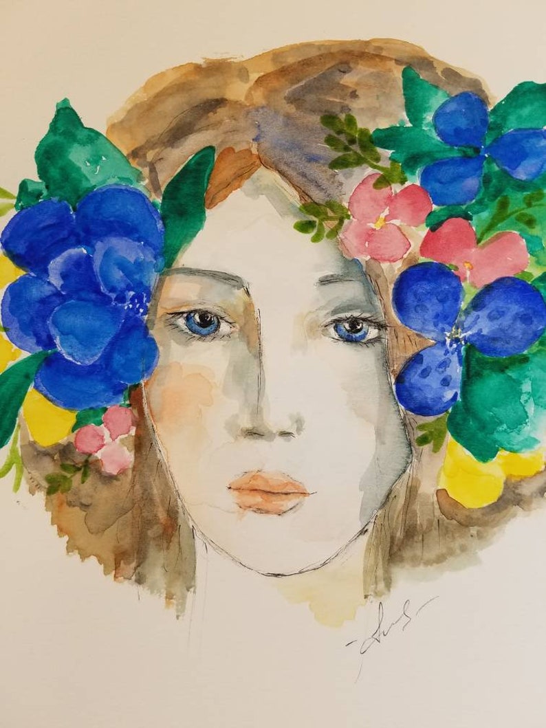 Wunderschöne junge Frau mit den Blumen in ihrem Haarportrait, Aquarell und Tintenstift auf Papier. Ein Einzelstück ungerahmt original Kunstwerk. Bild 4