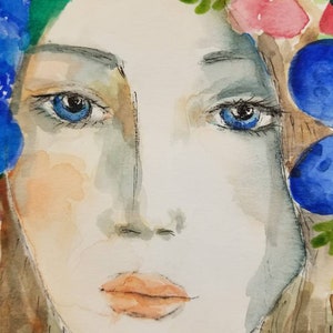 Wunderschöne junge Frau mit den Blumen in ihrem Haarportrait, Aquarell und Tintenstift auf Papier. Ein Einzelstück ungerahmt original Kunstwerk. Bild 3