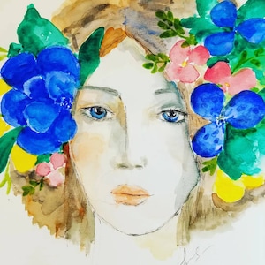 Wunderschöne junge Frau mit den Blumen in ihrem Haarportrait, Aquarell und Tintenstift auf Papier. Ein Einzelstück ungerahmt original Kunstwerk. Bild 1