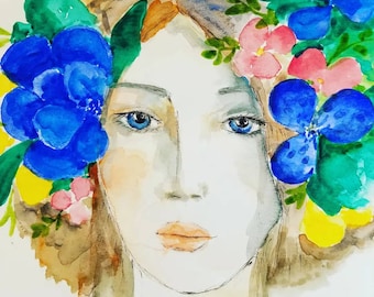 Beautiful young woman with the flowers in her hair portrait,  watercolor and ink pen on paper. One of a kind unframed original art work.