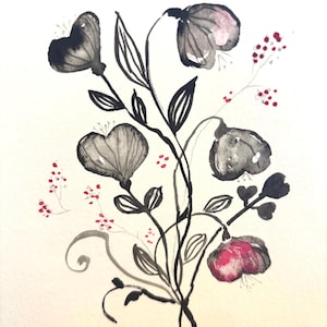Corazones florecientes es una pintura original en tinta sobre una tarjeta de papel. Puedes enmarcarla o usarla como tarjeta de felicitación. Es una obra de arte única.