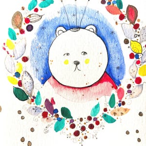 Carte de Noël ours, aquarelle originale unique en son genre. Il s'agit d'une carte intérieure vierge recto-verso, livrée avec une enveloppe. Oeuvre d'art mignonne