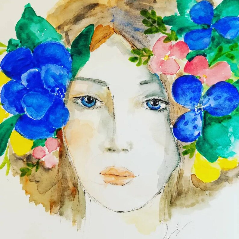 Wunderschöne junge Frau mit den Blumen in ihrem Haarportrait, Aquarell und Tintenstift auf Papier. Ein Einzelstück ungerahmt original Kunstwerk. Bild 8