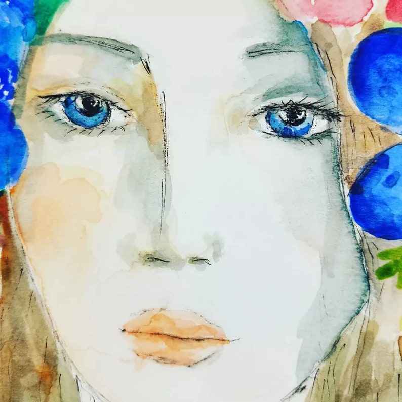 Wunderschöne junge Frau mit den Blumen in ihrem Haarportrait, Aquarell und Tintenstift auf Papier. Ein Einzelstück ungerahmt original Kunstwerk. Bild 5