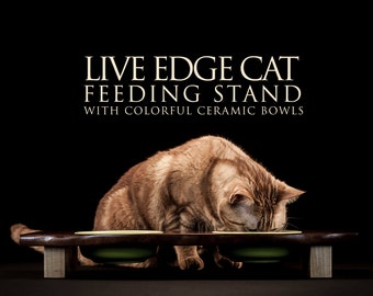 Live Edge Cat or Small Pet Feeding Stand with Ceramic Bowls