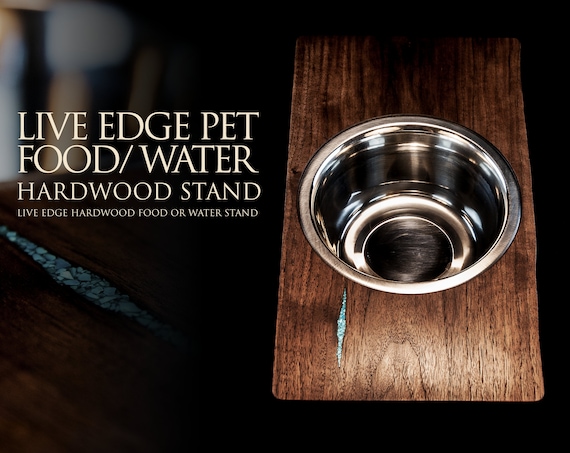 Live Edge Walnut Elevated Small Pet Feeding Stand with Wheatgrass Planter