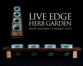 May include: A live edge wooden herb garden with five blue ceramic pots. The text "LIVE EDGE HERB GARDEN WITH COLORFUL CERAMIC POTS" is displayed above the garden.