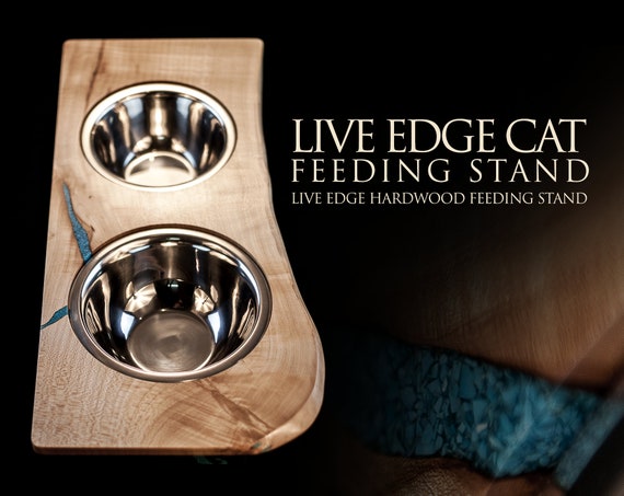 Live Edge Walnut Elevated Small Pet Feeding Stand with Wheatgrass Planter