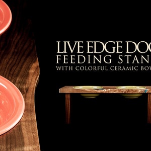 Live Edge Dog or Large Pet Feeding Stand with Ceramic Bowls