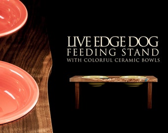 Live Edge Dog or Large Pet Feeding Stand with Ceramic Bowls