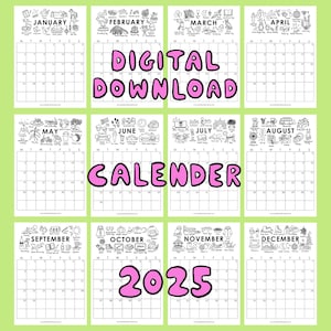 Printable Colouring Calendar - Instant Download - 2025 Calendar - Colouring In - Colouring In Pages Adults - Digital Download Calendar 2025