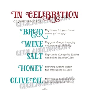 Printable Wedding Blessing Bread Wine Salt Honey Olive Oil Makes the perfect wedding gift to go with a DIY marriage wedding gift basket image 2