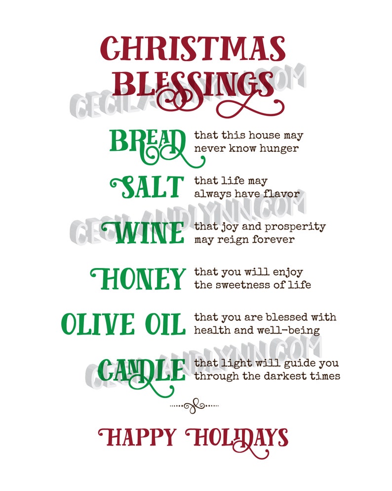 Christmas Gift Basket Printable, Christmas Blessing print, Holiday Gift Basket, Christmas Party Gift, Bread Salt Wine Gift, Christmas Poem image 1