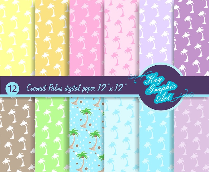Coconut Palms Digital Paper Commercial Use Digi Paper Pattern Kawaii Rainbow Colorful Scrapbooking Paper JPG DP19 Cute Summer Background