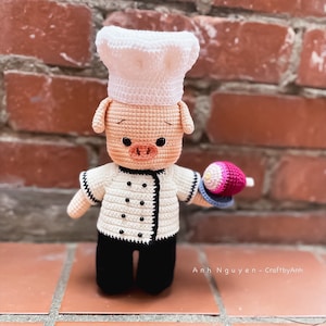 Crochet pattern - The chef pig amigurumi pattern, piggy crochet pattern