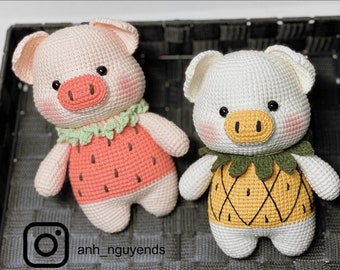 CROCHET PATTERN Mina n Minu - Strawberry and Pineapple Piggies, pig crochet pattern, amigurumi pattern, costume, pig amigrumi