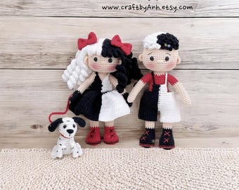 CROCHET PATTERN - Boy and Girl dolls Cruella inspired, Amigurumi Doll crochet pattern, cruel doll