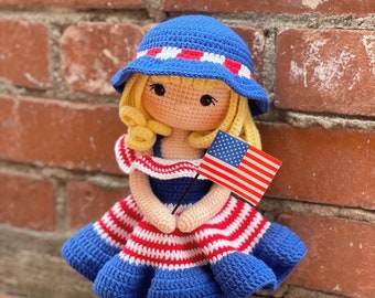 Schema all'uncinetto - Schema per bambola amigurumi americana Sophia, 4 luglio, bandiera americana