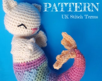 Amigurumi Crochet Purrmaid Mermaid Cat Pattern UK stitch terms - with permission to sell finished items