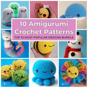 以下が含まれることがあります： 蜂、幽霊、人魚、タコ、雪だるま、花などの人気デザインをフィーチャーした、10種類のあみぐるみ編み図のセットです。このセットは、かわいいぬいぐるみを編むのに最適です。
