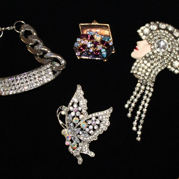 Rhinestone Jewelry LOT Flapper Girl Butterfly Treasure Chest Bling Bracelet AS FOUND