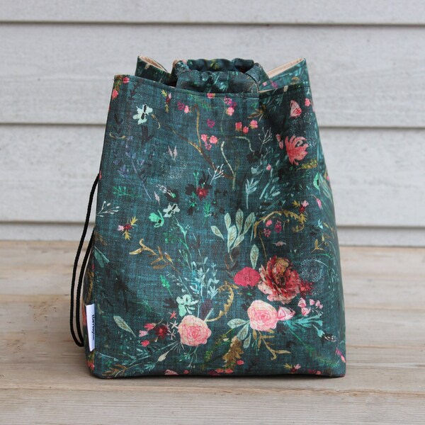 Sweater Size Knitting Project Bag: Read-to-Ship! Teal Floral