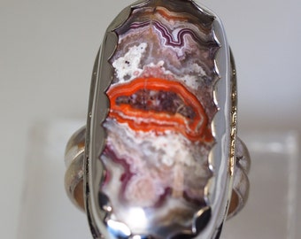 Red Crazy Lace agate patina silver ring size 8