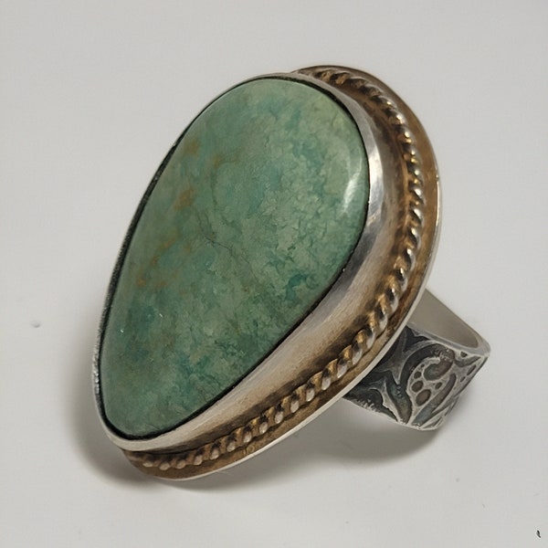 High End Variscite Turquoise Silver Ring embosed Unique patina colors, Beautiful Vasiscite Turquoise statement ring