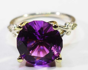 Bolivian 4.7 cts Amethyst Ring 14KW with 6 Diamond Accents size 7, Large Ametyst gemstone ring