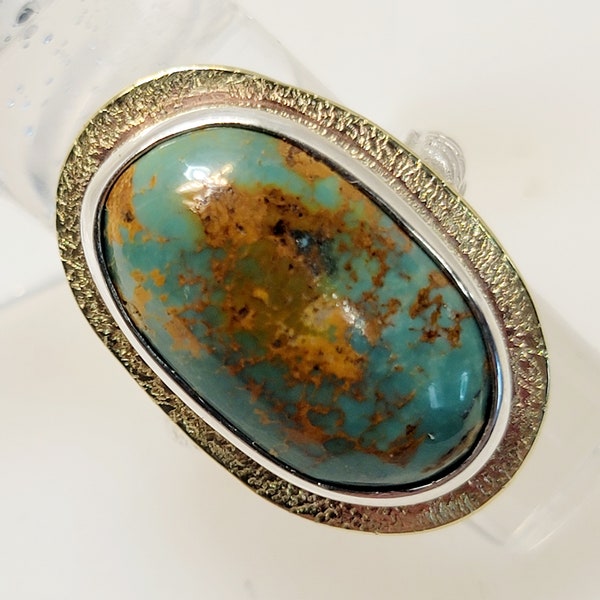 Arizona Turquoise size 9 ring in silver and brass, MIxed Metal brass and silver turquoise ring, High polished tourquoise silver ring