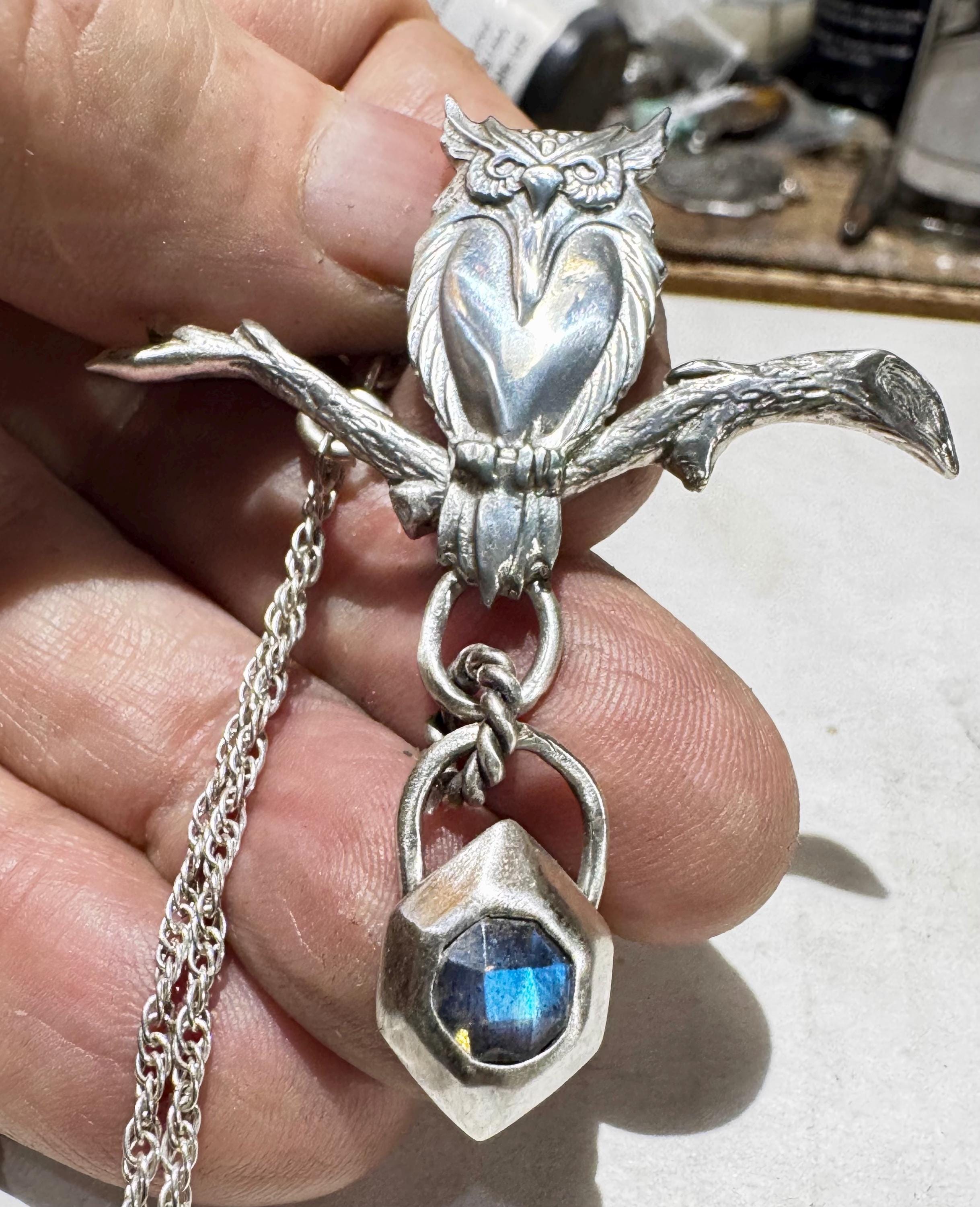 Sterling Silver Owl Pendant with Faceted Blue Moonstone, 18-inch Chain
