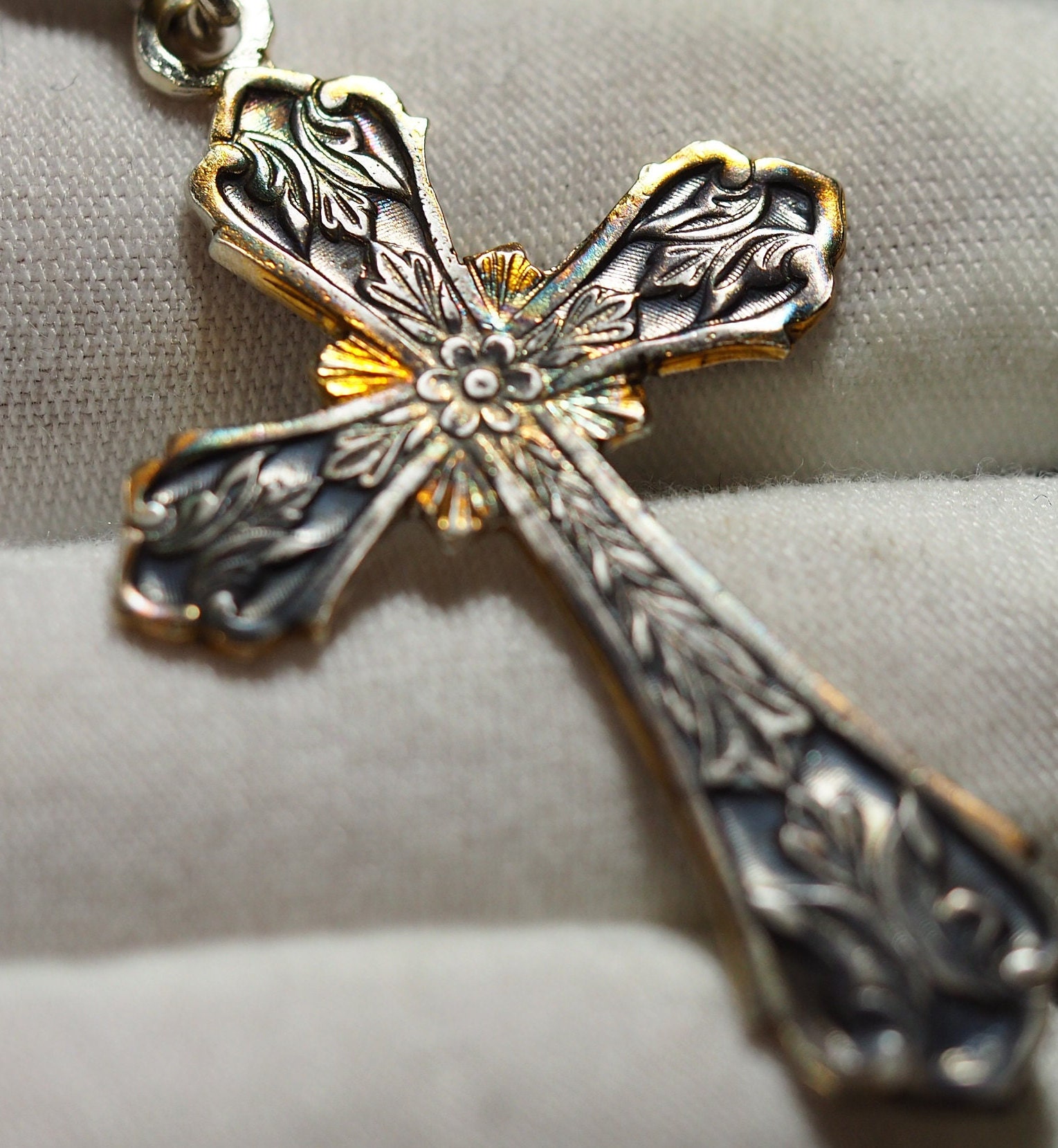 Hand-made intricately designed Cross of Eden pendant with a unique patina coloring made in solid sterling silver