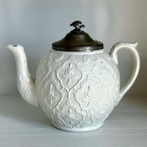 Antique Victorian Salt Glaze Teapot Pewter Lid c.1850, England