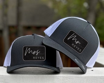 Mr Mrs Trucker Hat | Custom Hat | Logo Hat | Bridal Party Hat | Wedding day Hat | Personalized Mr Mrs Hat| Leatherette Patch | Trucker Hat