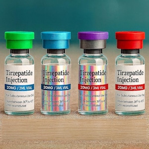 Four identical glass vials containing different types of medication, labeled as "Tirzepatide Injection".